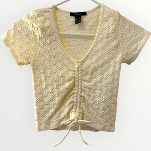 Cream Textured Ruched Front Tie Crop Top